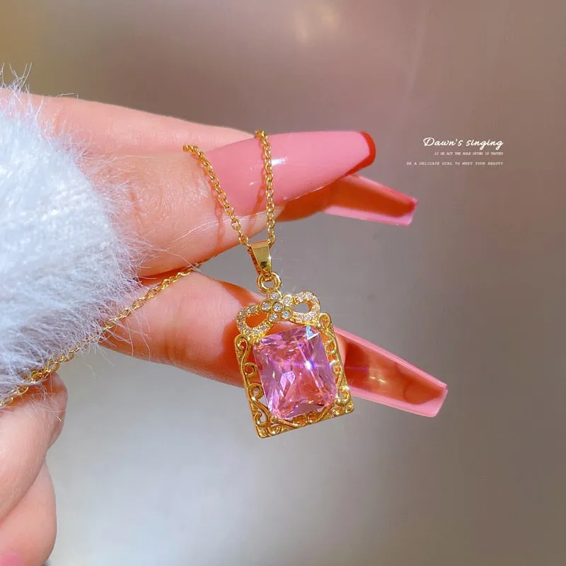 316L Stainless Steel Square Pink Large Zircon Pendant Necklace For Women
