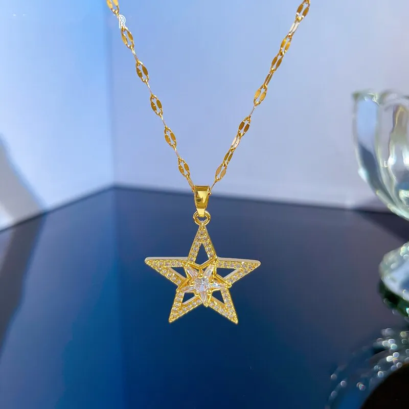 316L Stainless Steel Sweet Sparkling Full Crystal Star Pendant Clavicle Chain Necklace Women