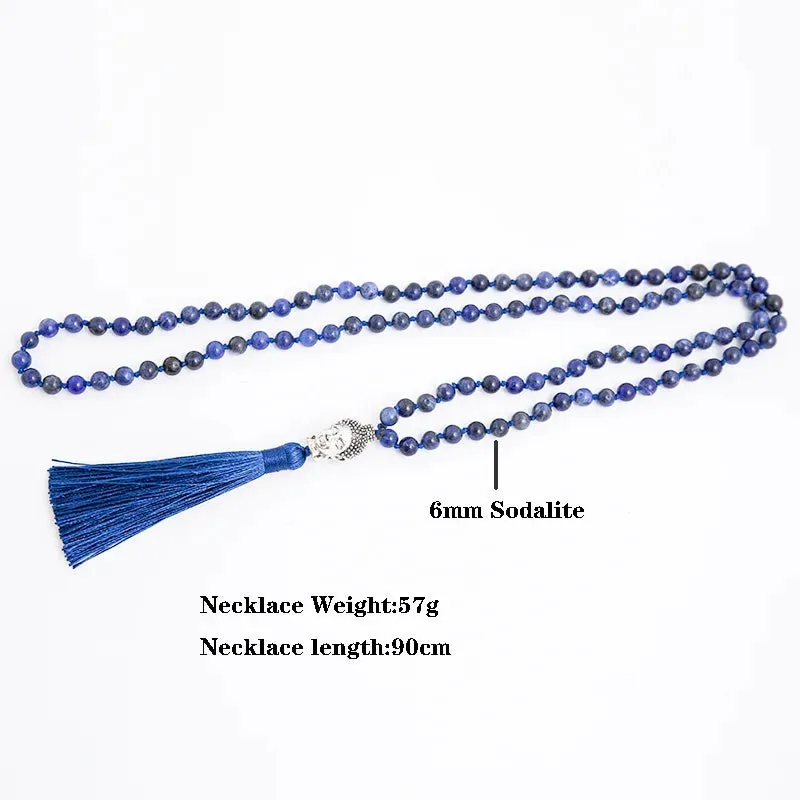 6mm Natural Blue Sodalite Stone Lapis Lazuli Beaded Knotted Necklace Meditation