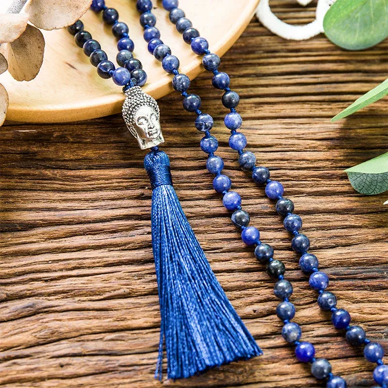 6mm Natural Blue Sodalite Stone Lapis Lazuli Beaded Knotted Necklace Meditation