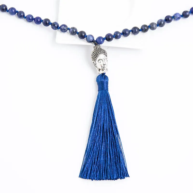 6mm Natural Blue Sodalite Stone Lapis Lazuli Beaded Knotted Necklace Meditation