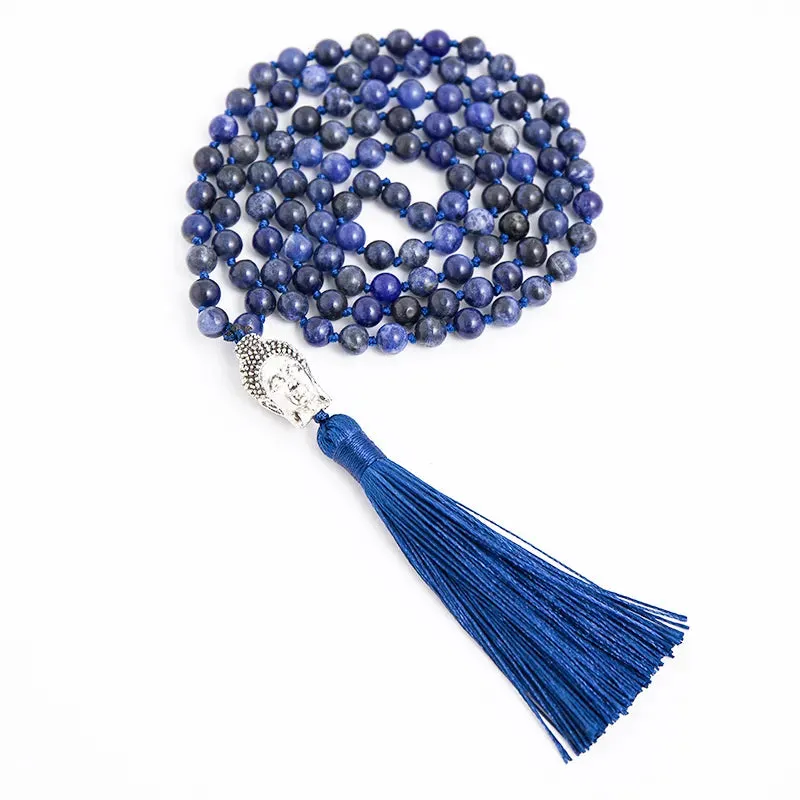 6mm Natural Blue Sodalite Stone Lapis Lazuli Beaded Knotted Necklace Meditation