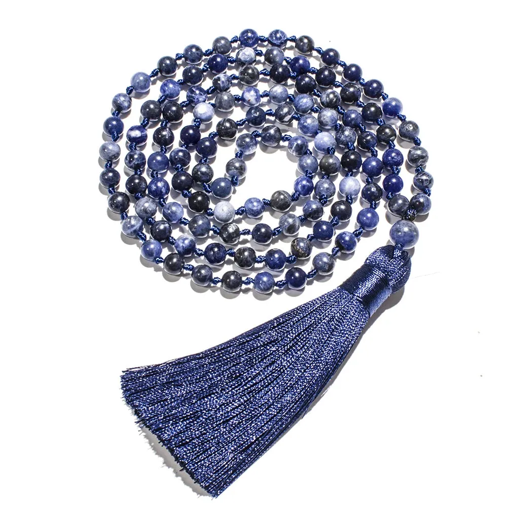 6mm Natural Sodalite Beaded Knotted 108 Mala Necklace Meditation