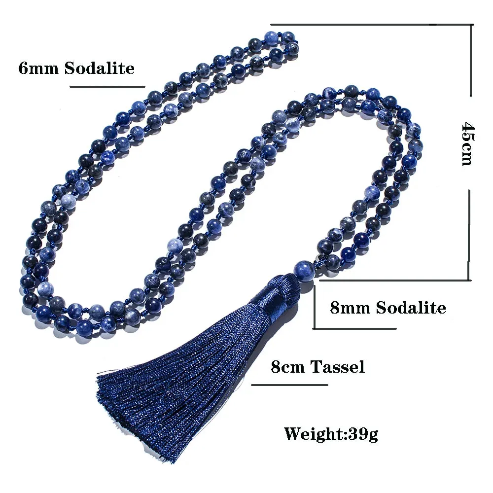 6mm Natural Sodalite Beaded Knotted 108 Mala Necklace Meditation