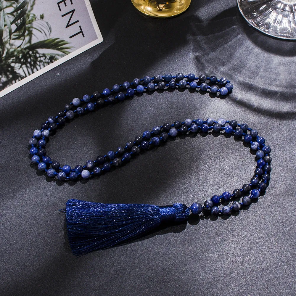 6mm Natural Sodalite Beaded Knotted 108 Mala Necklace Meditation