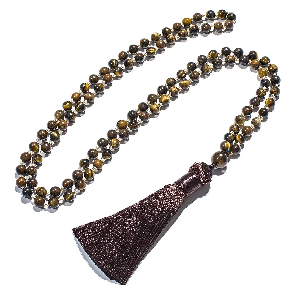 6mm Natural Tiger Eye Beaded Knotted 108 Mala Necklace Meditation Yoga Prayer Jewelry