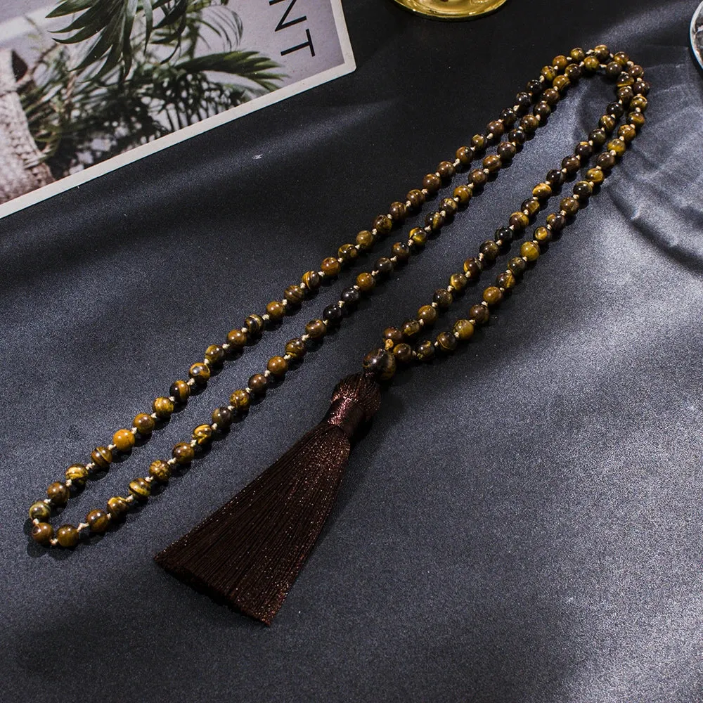 6mm Natural Tiger Eye Beaded Knotted 108 Mala Necklace Meditation Yoga Prayer Jewelry