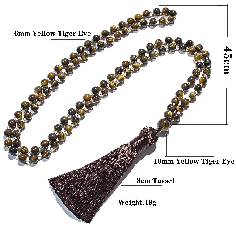 6mm Natural Tiger Eye Beaded Knotted 108 Mala Necklace Meditation Yoga Prayer Jewelry