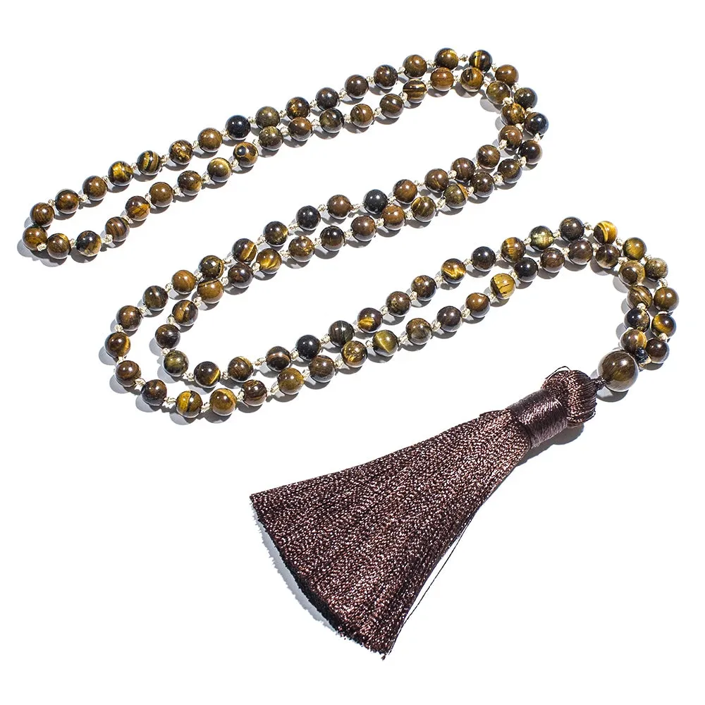 6mm Natural Tiger Eye Beaded Knotted 108 Mala Necklace Meditation Yoga Prayer Jewelry