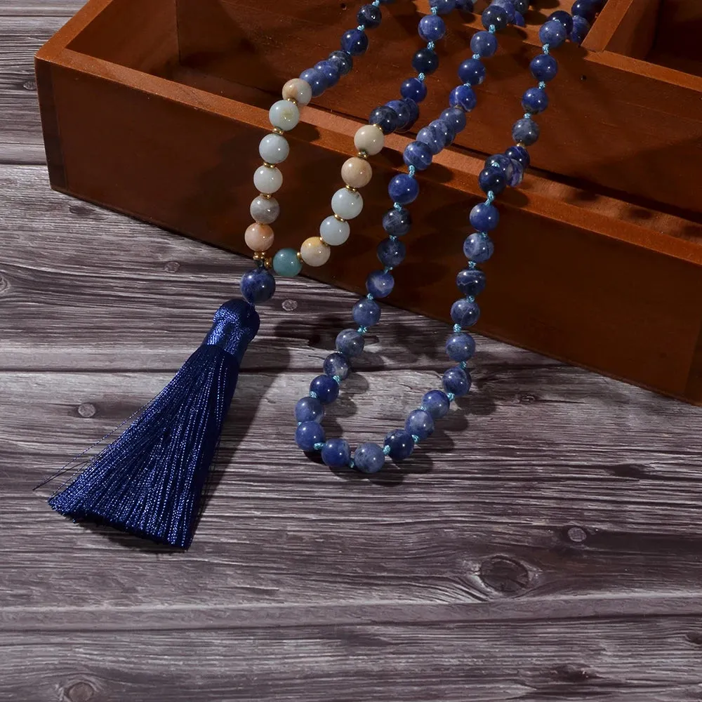 8mm Amazonite Sodalite Beaded Knotted 108 Mala Necklace Meditation