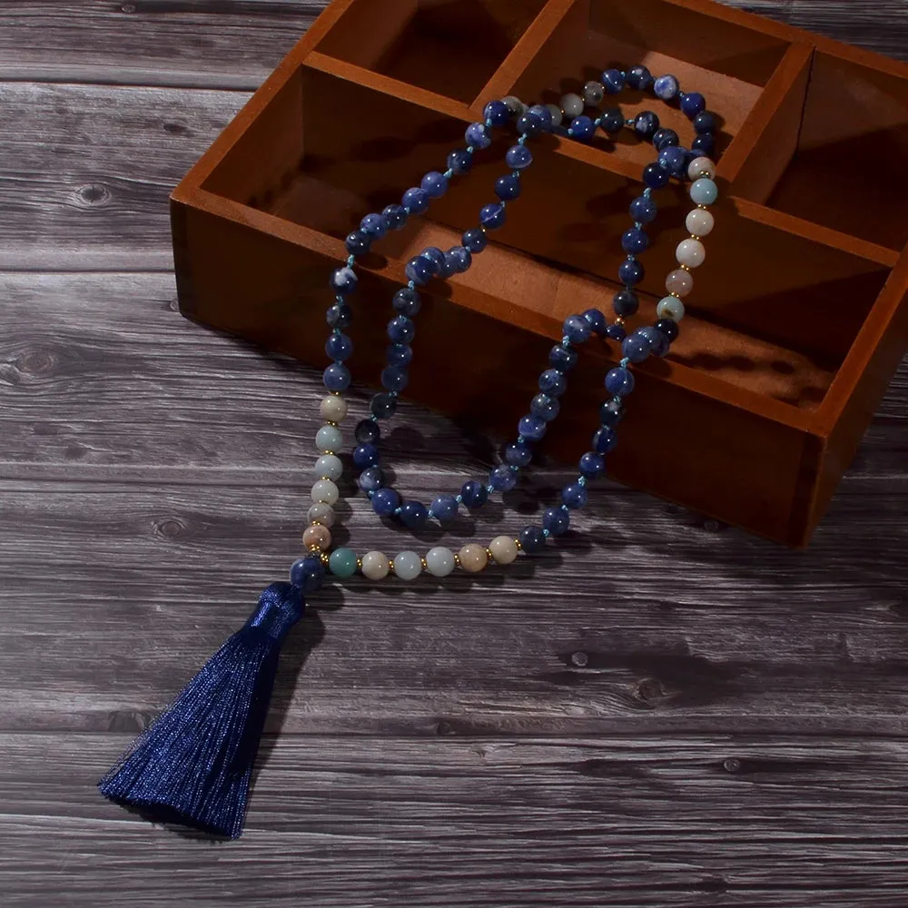 8mm Amazonite Sodalite Beaded Knotted 108 Mala Necklace Meditation