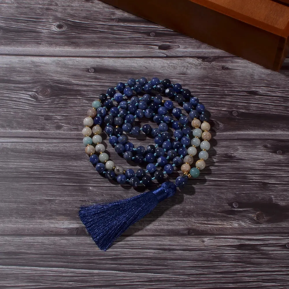 8mm Amazonite Sodalite Beaded Knotted 108 Mala Necklace Meditation