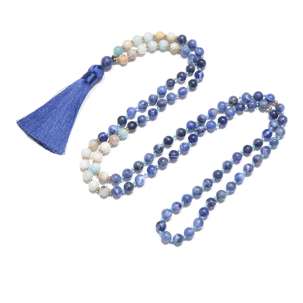8mm Amazonite Sodalite Beaded Knotted 108 Mala Necklace Meditation