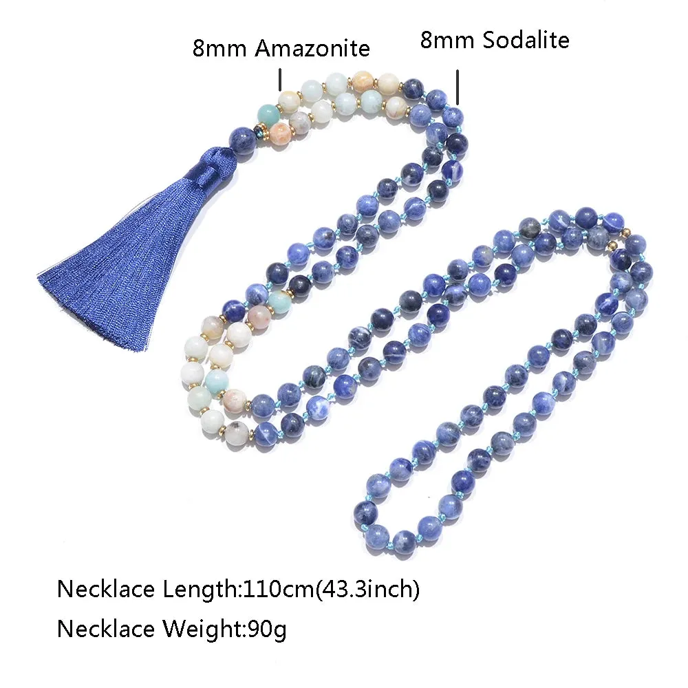 8mm Amazonite Sodalite Beaded Knotted 108 Mala Necklace Meditation
