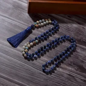 8mm Amazonite Sodalite Beaded Knotted 108 Mala Necklace Meditation