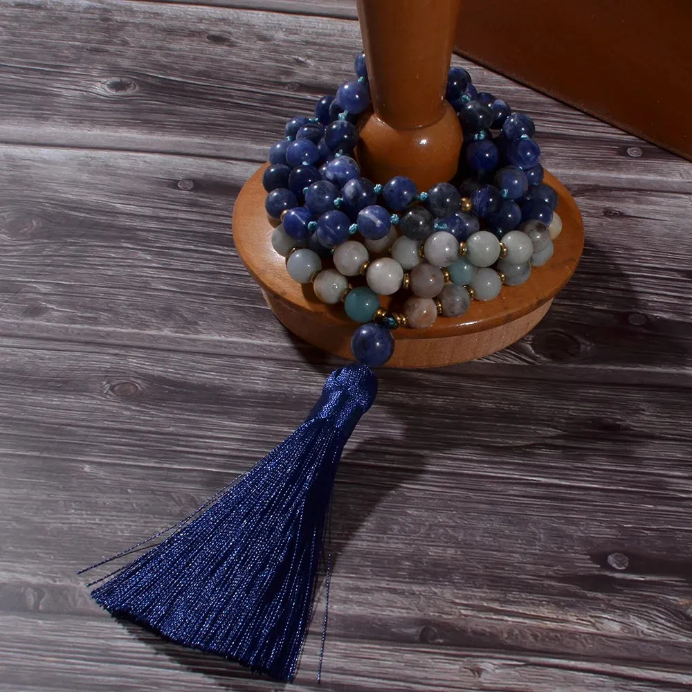 8mm Amazonite Sodalite Beaded Knotted 108 Mala Necklace Meditation