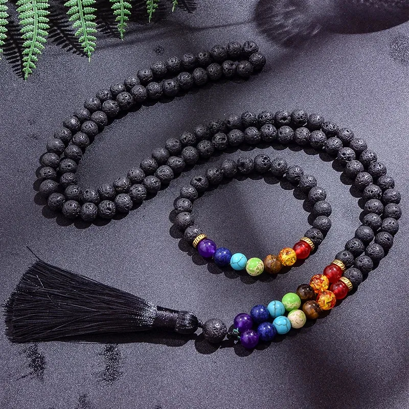 8mm Black Lava Stone 7 Chakra Beaded Japamala Necklace 108 Rosary Meditation Yoga Jewelry Bracelet Set