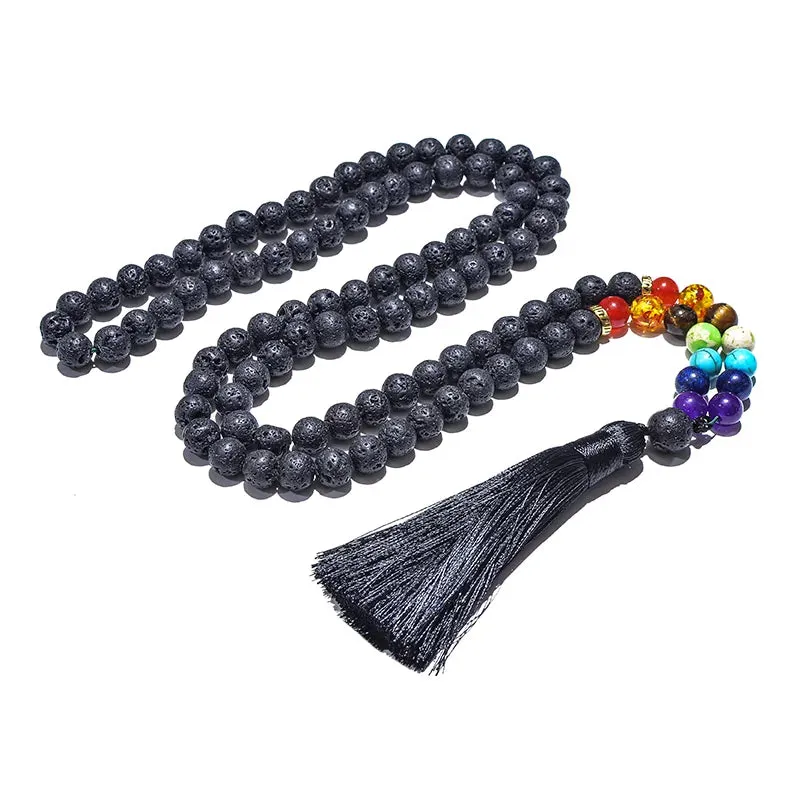 8mm Black Lava Stone 7 Chakra Beaded Japamala Necklace 108 Rosary Meditation Yoga Jewelry Bracelet Set