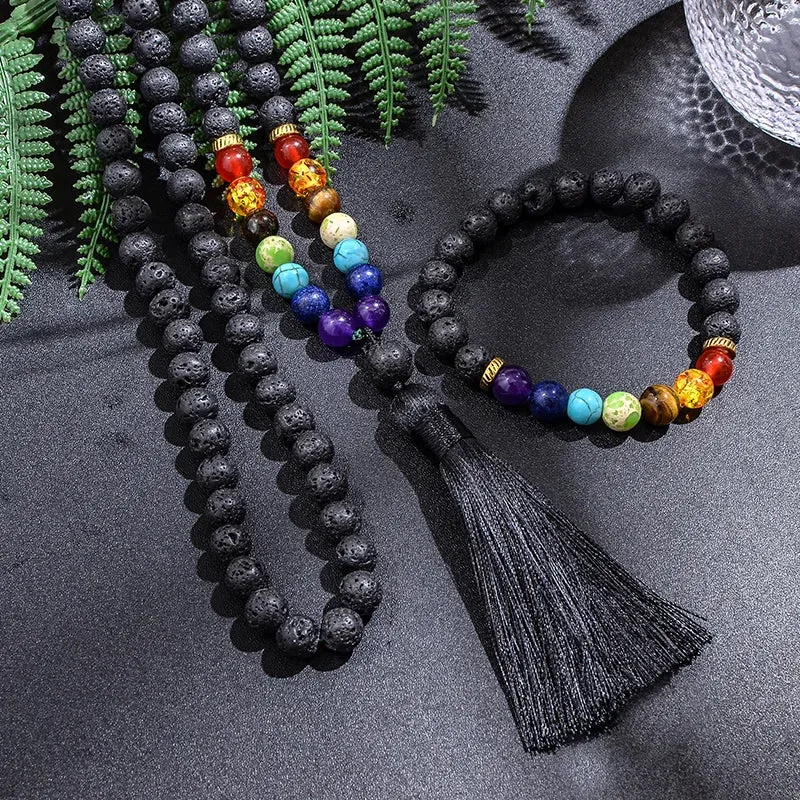 8mm Black Lava Stone 7 Chakra Beaded Japamala Necklace 108 Rosary Meditation Yoga Jewelry Bracelet Set