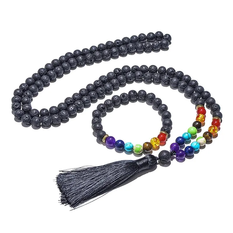 8mm Black Lava Stone 7 Chakra Beaded Japamala Necklace 108 Rosary Meditation Yoga Jewelry Bracelet Set