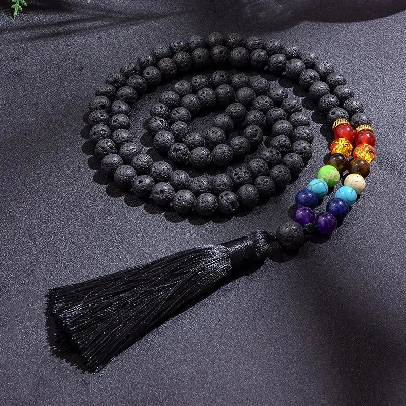 8mm Black Lava Stone 7 Chakra Beaded Japamala Necklace 108 Rosary Meditation Yoga Jewelry Bracelet Set