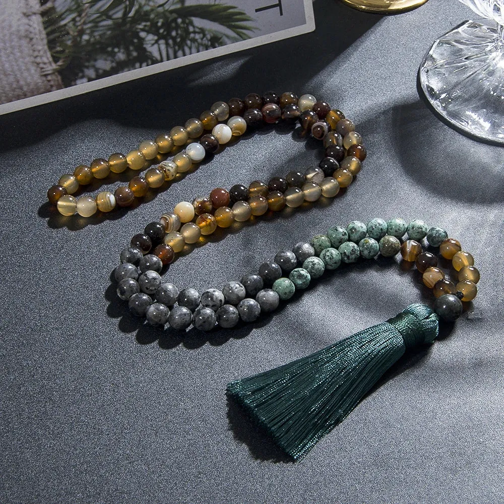 8mm Labradorite African Turquoise Beaded Japamala Jewelry 108 Mala Beads Necklace Meditation