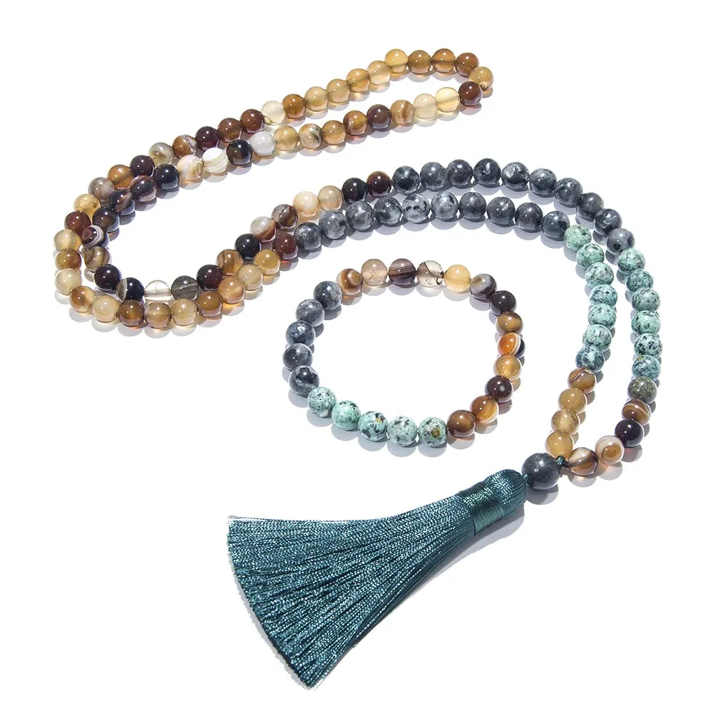 8mm Labradorite African Turquoise Beaded Japamala Jewelry 108 Mala Beads Necklace Meditation