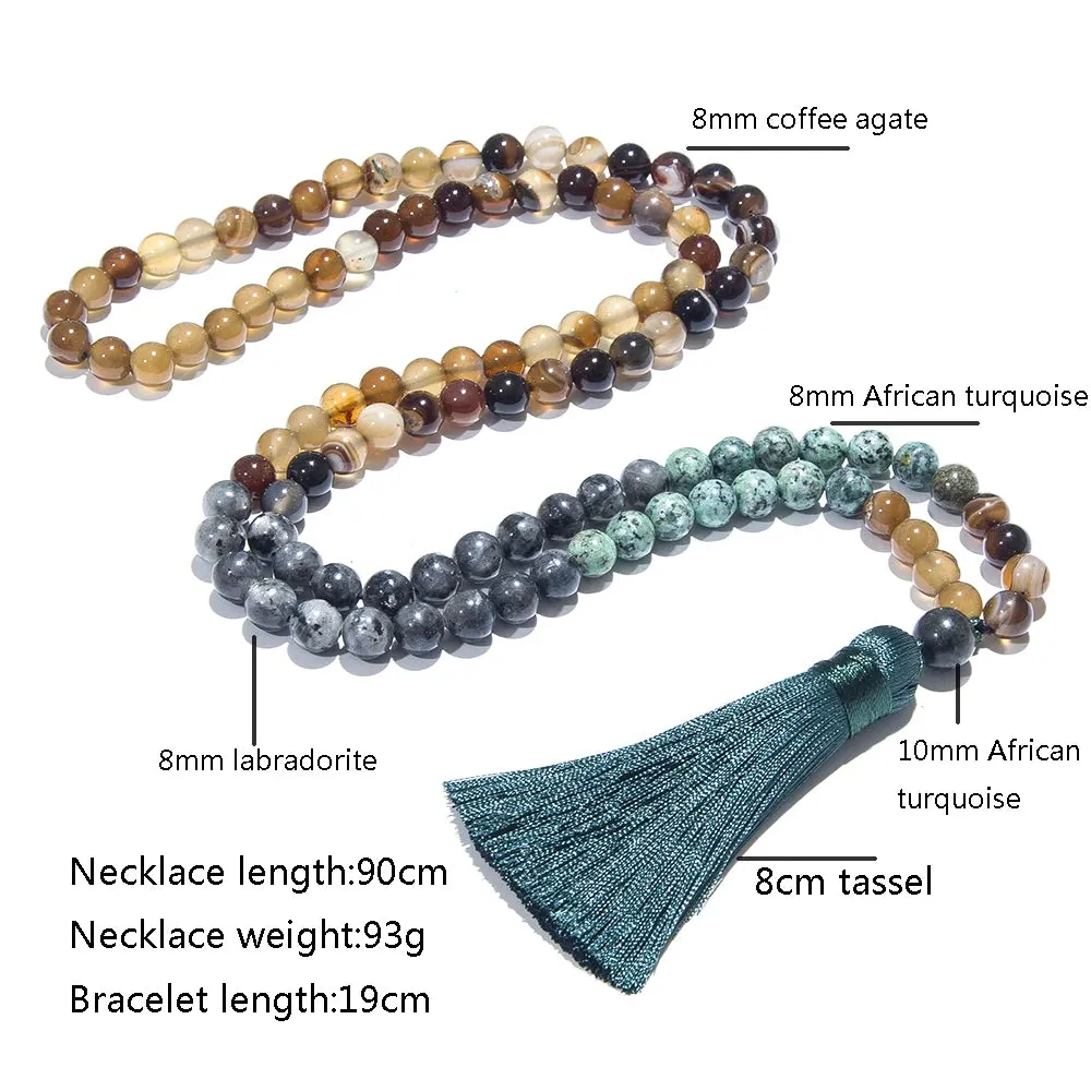 8mm Labradorite African Turquoise Beaded Japamala Jewelry 108 Mala Beads Necklace Meditation