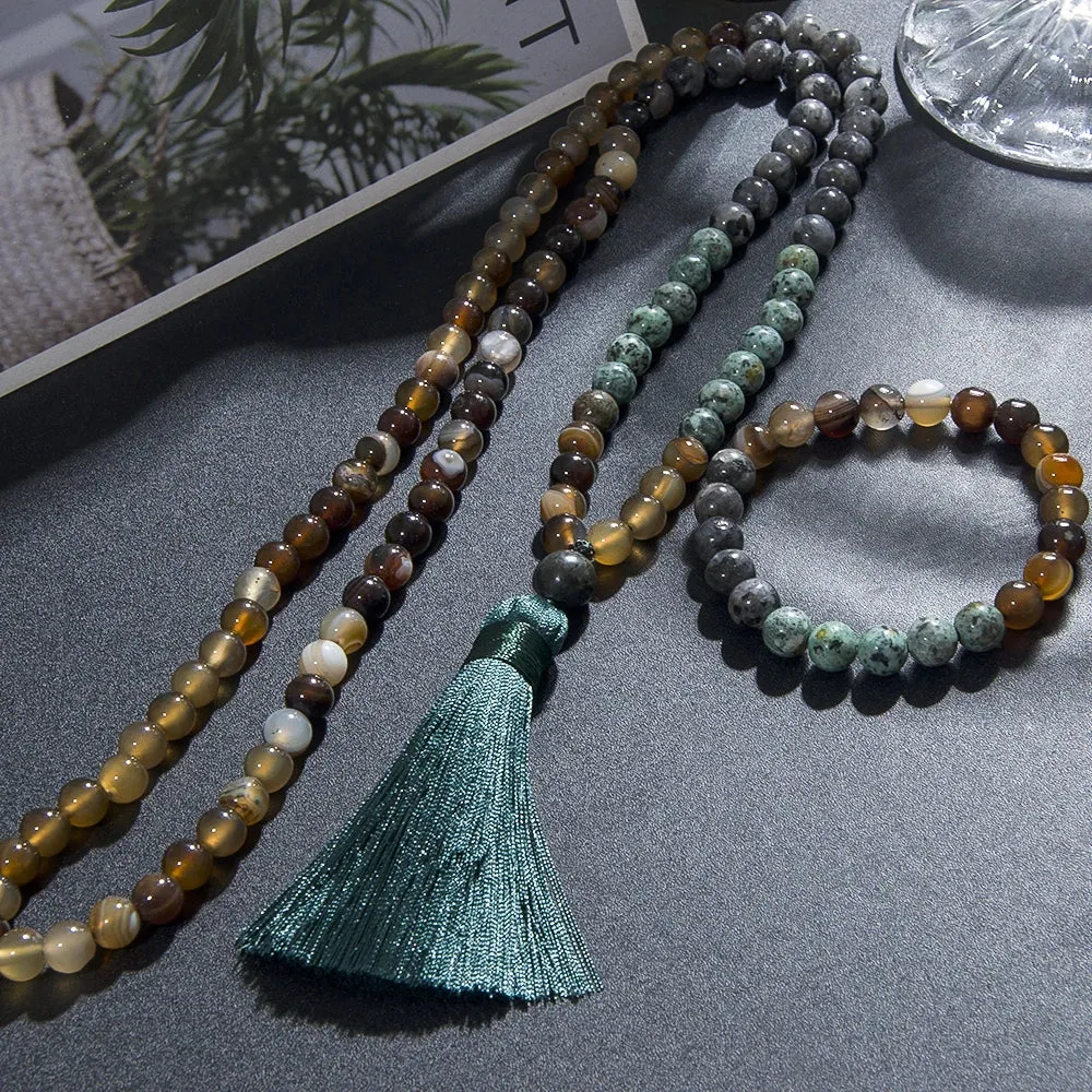 8mm Labradorite African Turquoise Beaded Japamala Jewelry 108 Mala Beads Necklace Meditation