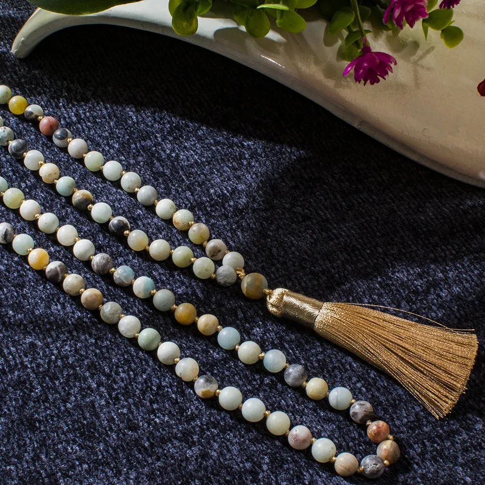 8mm Matte Amazonite Beaded  Knotted 108 Mala Necklace Meditation Yoga Prayer Japamala Jewelry Set