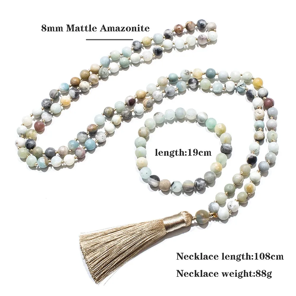 8mm Matte Amazonite Beaded  Knotted 108 Mala Necklace Meditation Yoga Prayer Japamala Jewelry Set