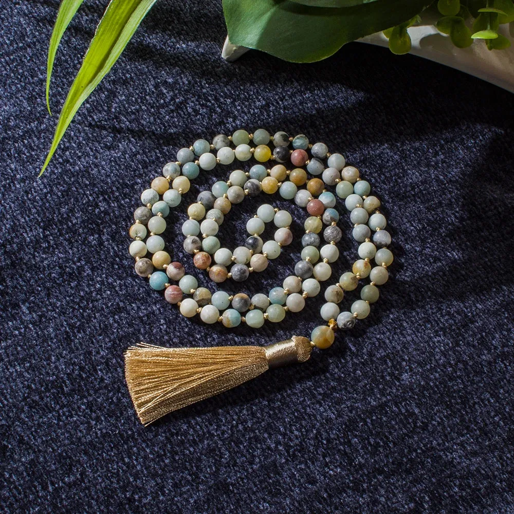 8mm Matte Amazonite Beaded  Knotted 108 Mala Necklace Meditation Yoga Prayer Japamala Jewelry Set