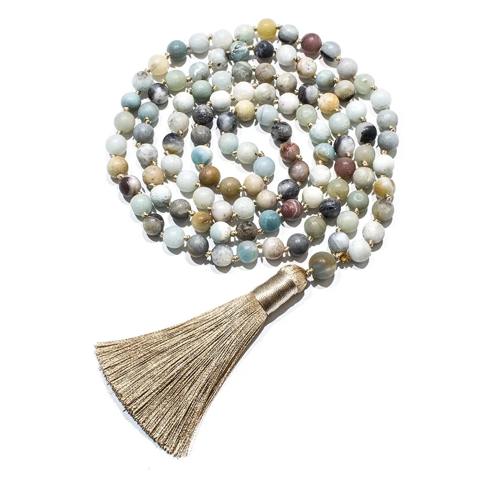 8mm Matte Amazonite Beaded  Knotted 108 Mala Necklace Meditation Yoga Prayer Japamala Jewelry Set