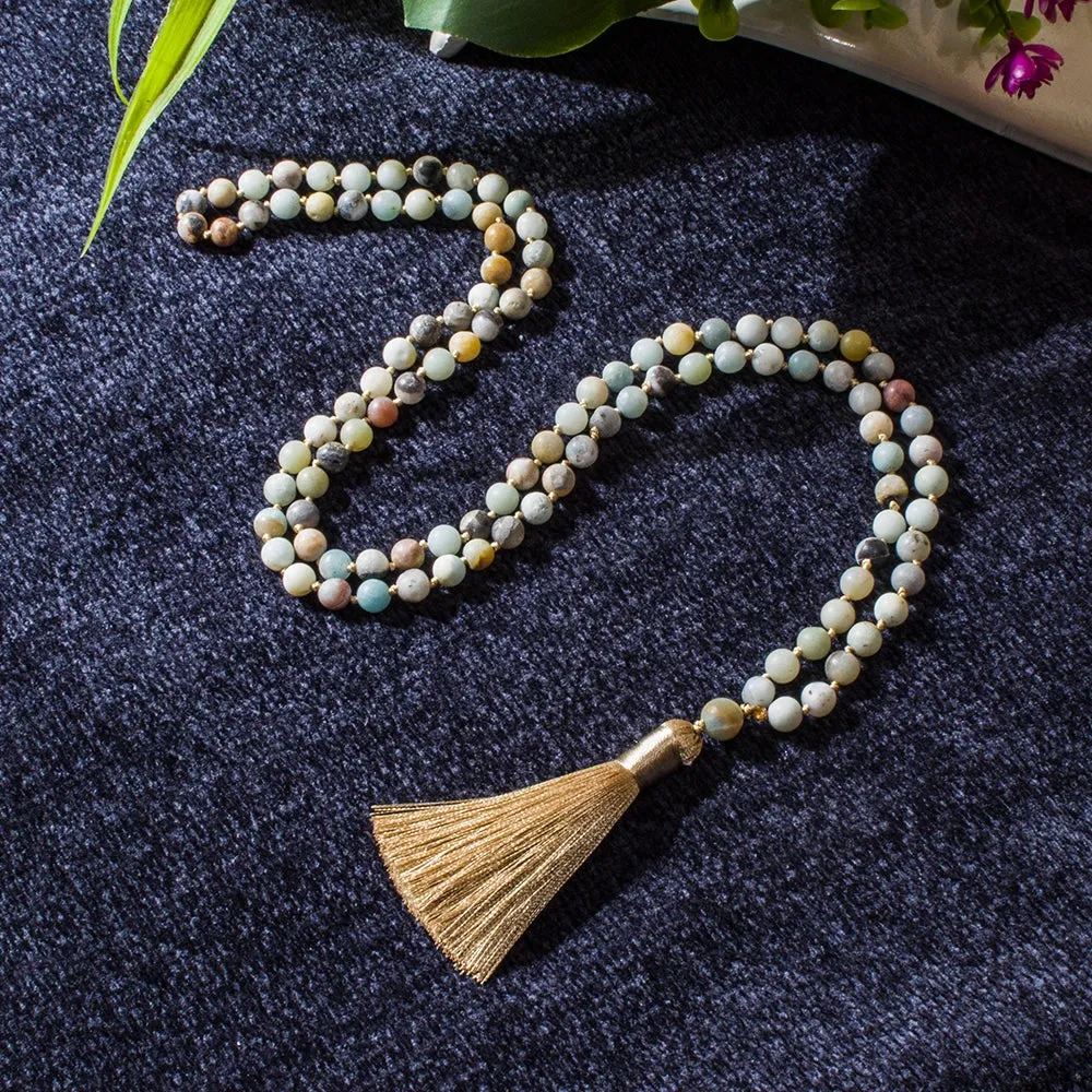8mm Matte Amazonite Beaded  Knotted 108 Mala Necklace Meditation Yoga Prayer Japamala Jewelry Set