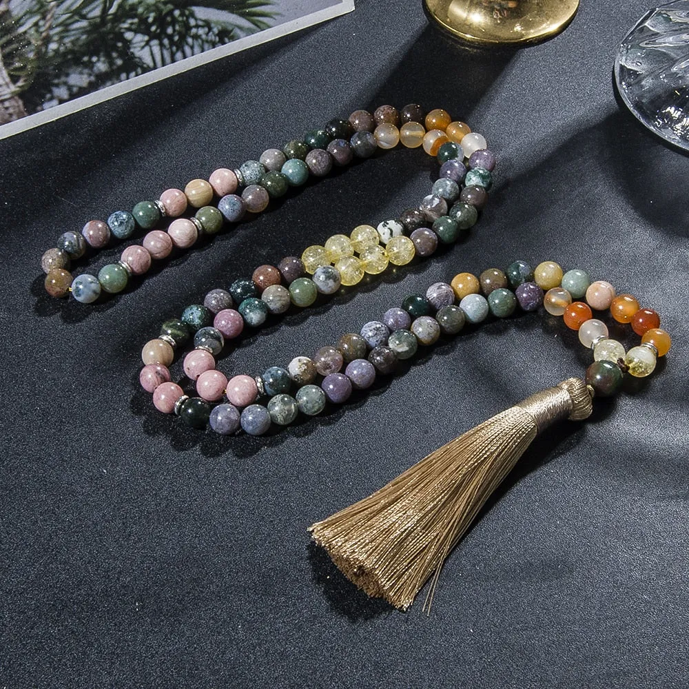 8mm Natural Citrine Indian Onyx Beaded Necklace 108 Mala Beads Necklace