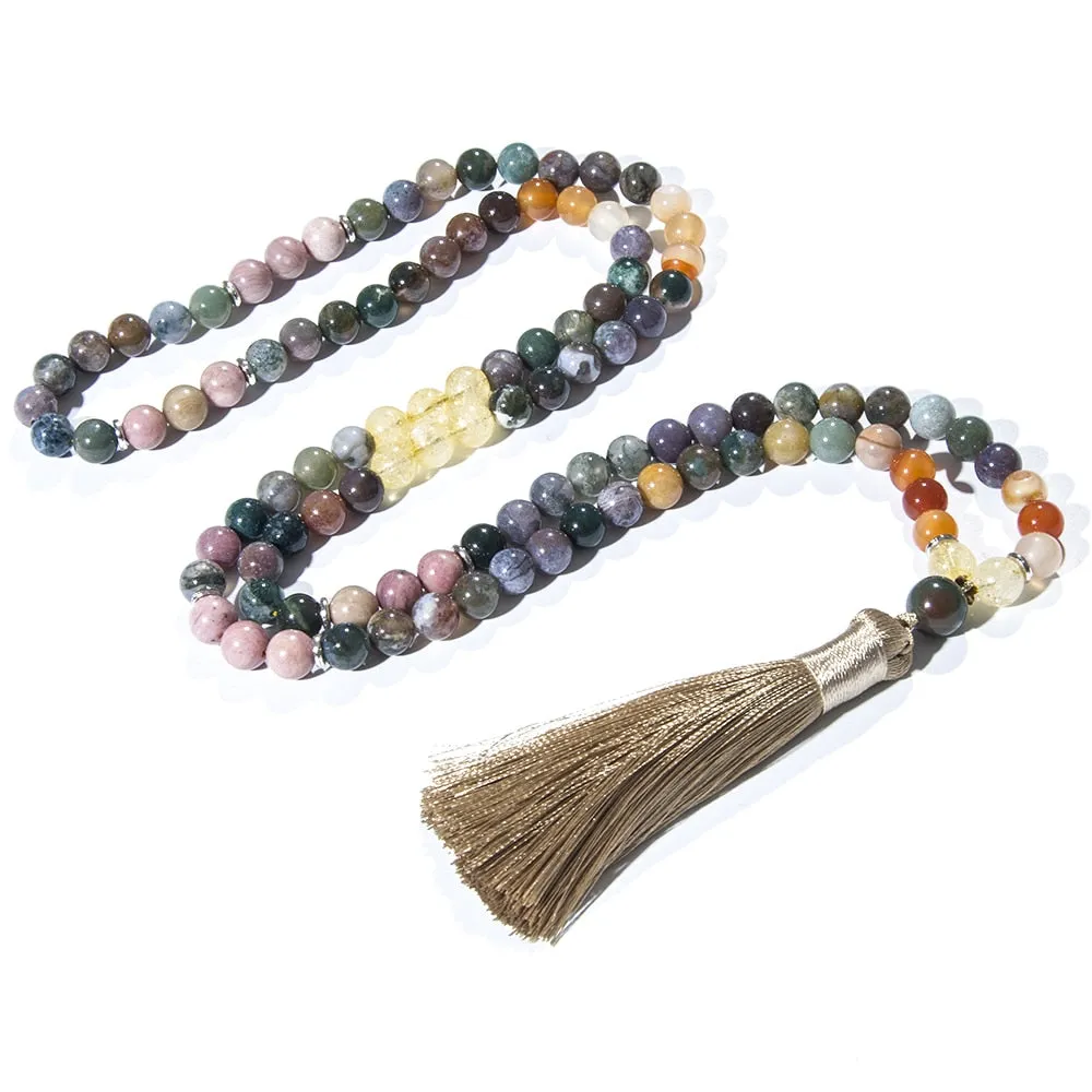 8mm Natural Citrine Indian Onyx Beaded Necklace 108 Mala Beads Necklace