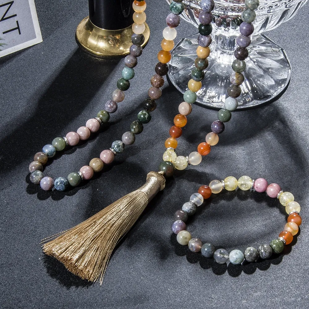 8mm Natural Citrine Indian Onyx Beaded Necklace 108 Mala Beads Necklace