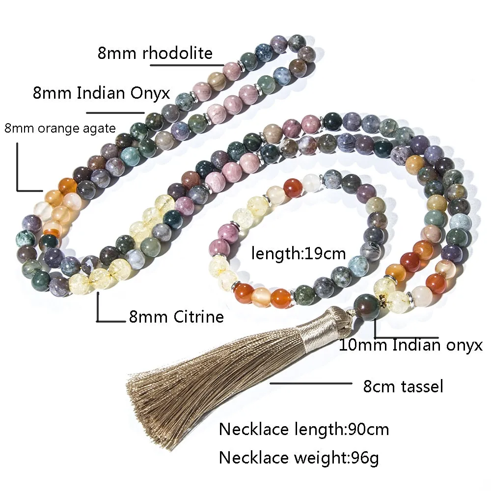 8mm Natural Citrine Indian Onyx Beaded Necklace 108 Mala Beads Necklace