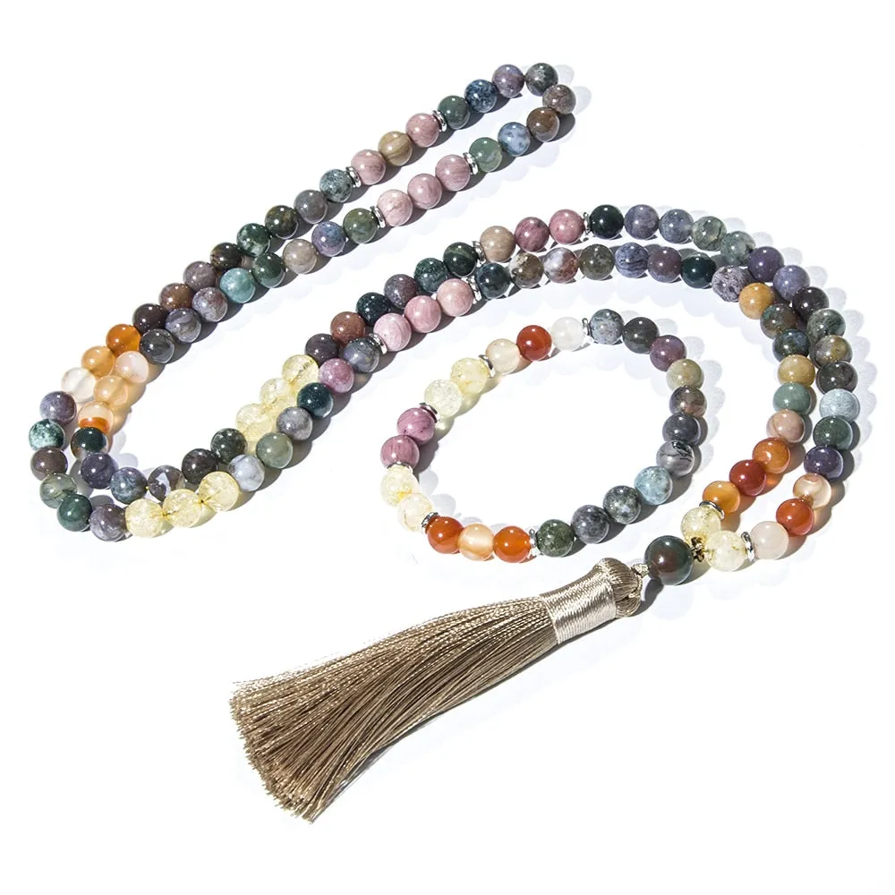 8mm Natural Citrine Indian Onyx Beaded Necklace 108 Mala Beads Necklace