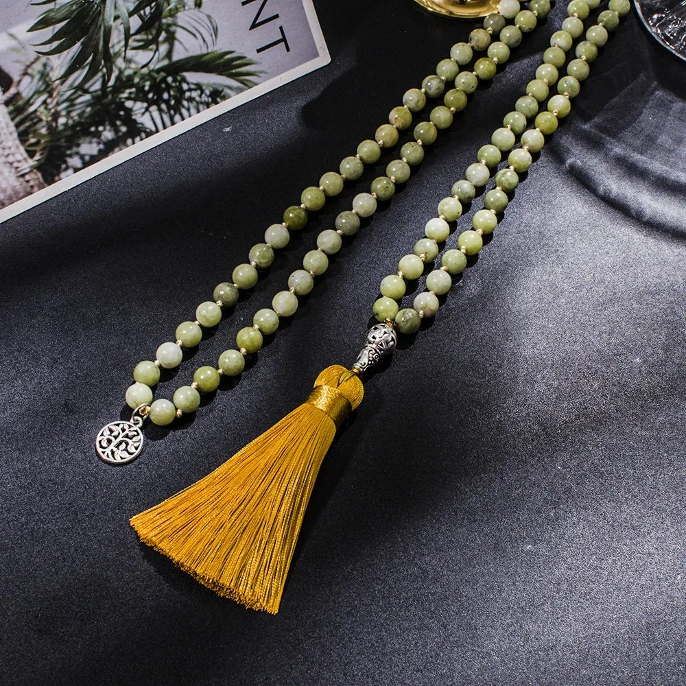 8mm Natural Southern Jade Beaded Knotted 108 Mala Necklace Meditation Yoga Prayer Jewelry
