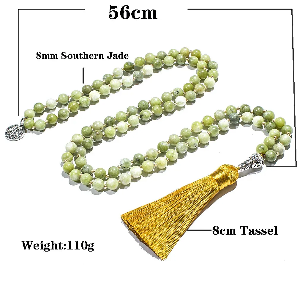 8mm Natural Southern Jade Beaded Knotted 108 Mala Necklace Meditation Yoga Prayer Jewelry