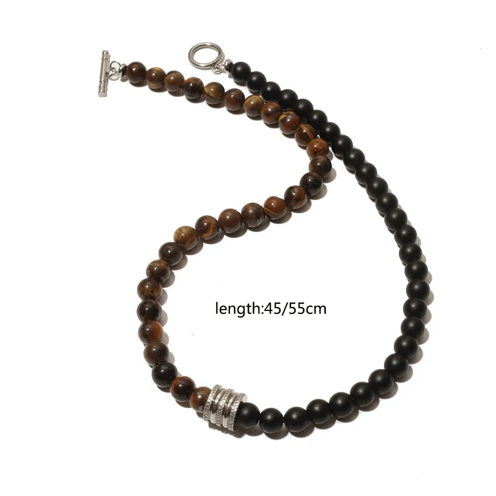 8mm Natural Stone Tiger Eyes Black Onyx Necklace Stainless Steel Beaded Charm Choker Neck Chain