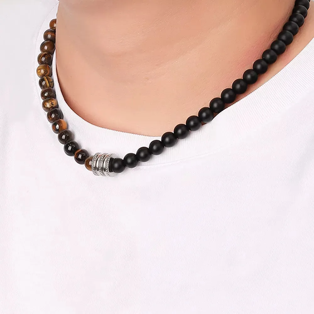 8mm Natural Stone Tiger Eyes Black Onyx Necklace Stainless Steel Beaded Charm Choker Neck Chain
