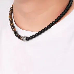 8mm Natural Stone Tiger Eyes Black Onyx Necklace Stainless Steel Beaded Charm Choker Neck Chain