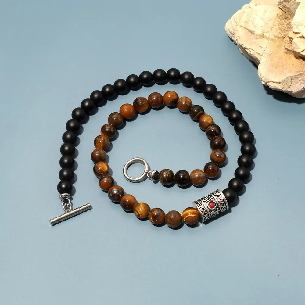 8mm Natural Stone Tiger Eyes Black Onyx Necklace Stainless Steel Beaded Charm Choker Neck Chain