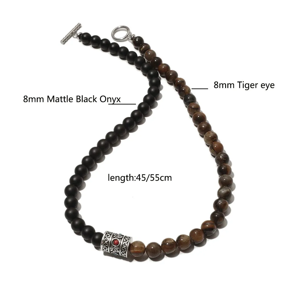 8mm Natural Stone Tiger Eyes Black Onyx Necklace Stainless Steel Beaded Charm Choker Neck Chain