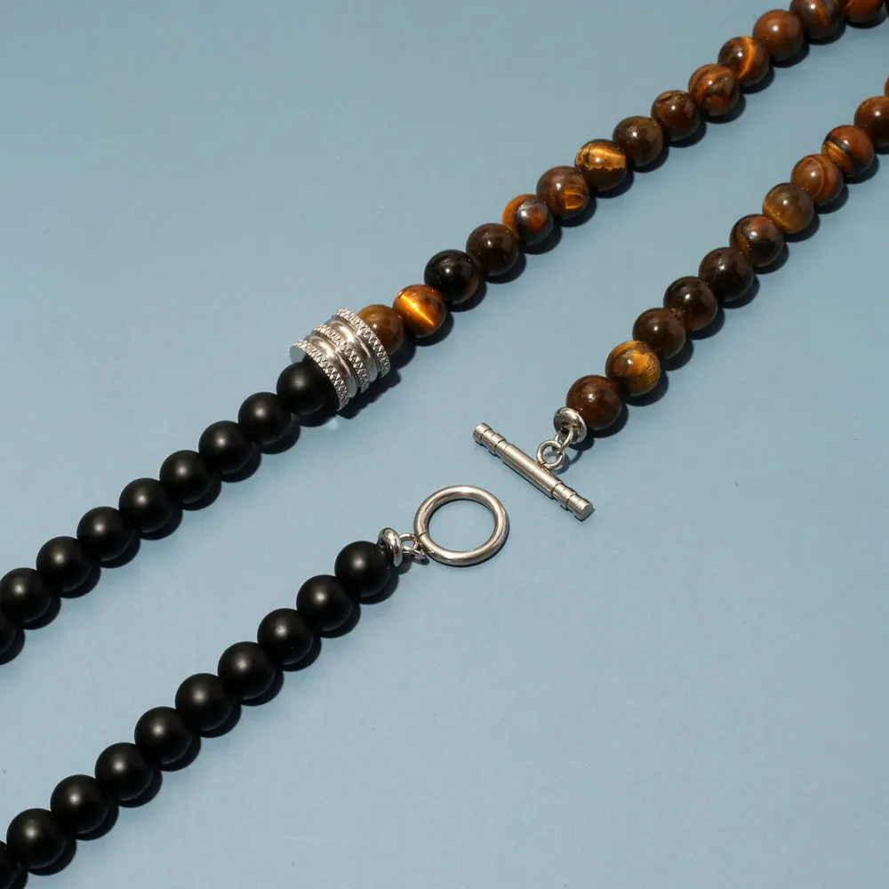 8mm Natural Stone Tiger Eyes Black Onyx Necklace Stainless Steel Beaded Charm Choker Neck Chain