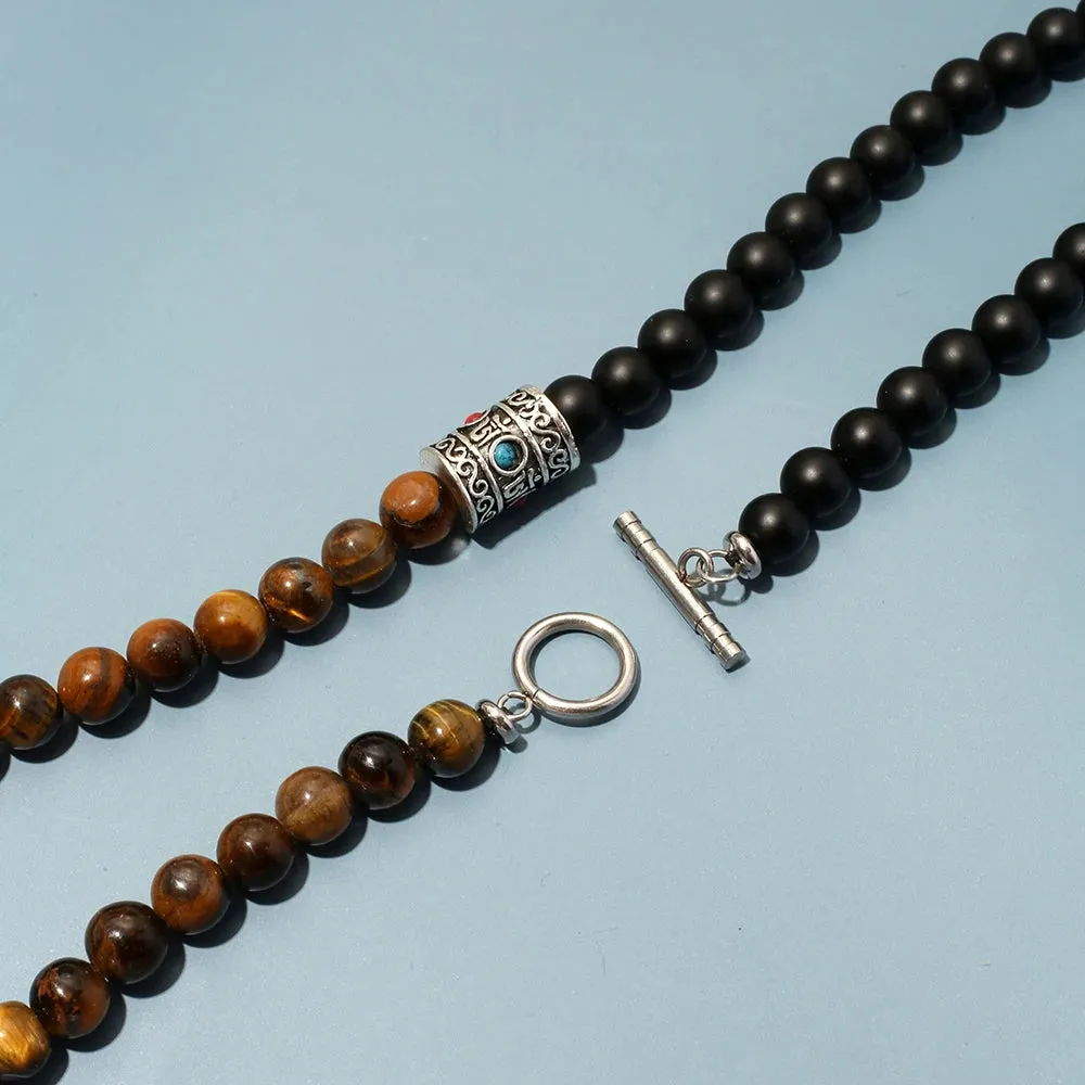 8mm Natural Stone Tiger Eyes Black Onyx Necklace Stainless Steel Beaded Charm Choker Neck Chain