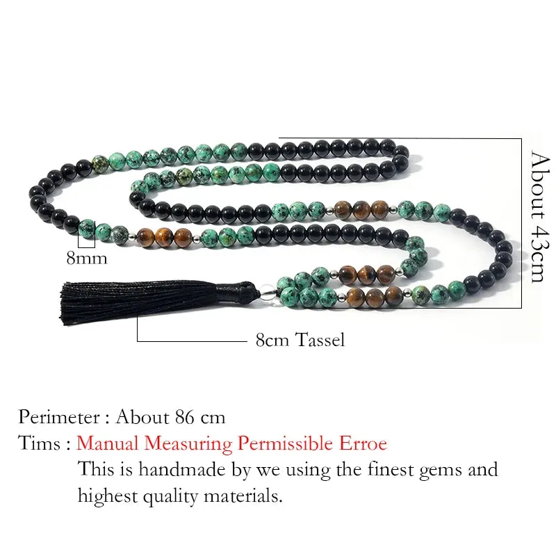 8mm Natural Tiger Eye African Turquoise Black Agate Beaded Necklace