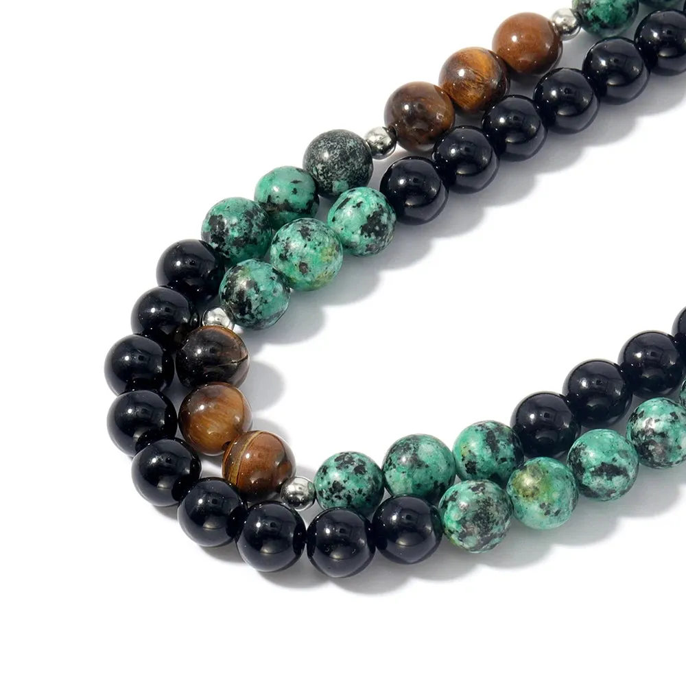 8mm Natural Tiger Eye African Turquoise Black Agate Beaded Necklace